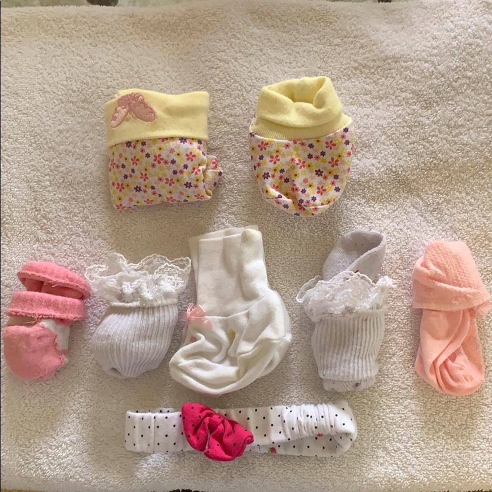 Socks, headband, booties, bottoms, pajama shirt
